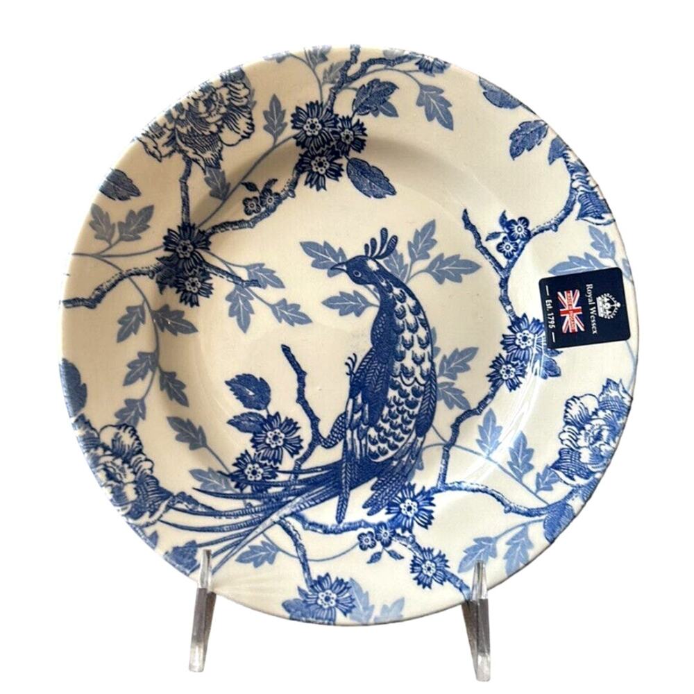 ROYAL WESSEX Blue & White KUJAKU Bird 8” Pheasant Salad Bowls Set 2 New